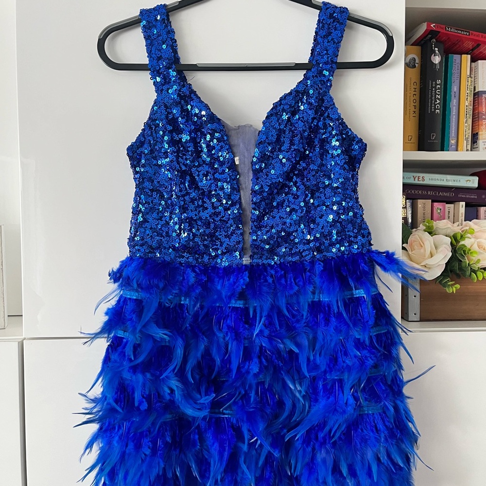 Sequin & Feather Mini Dress in Royal Blue